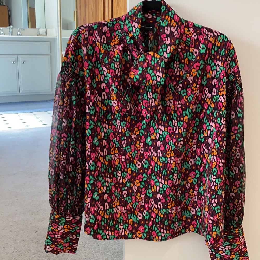Tie neck blouse with sheer micro pleated sleeves.
